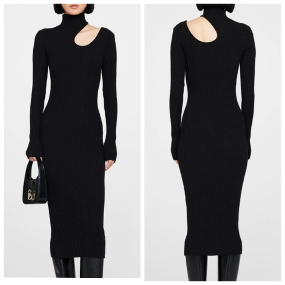 Anine Bing Victoria Cutout Midi Mockneck Sweater Dress, Ribbed & Stretchy, EUC!